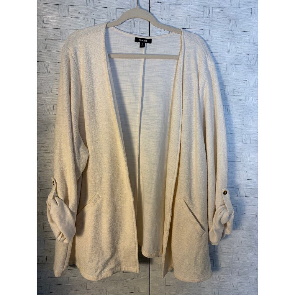 Torrid women's cardigan cream roll tab‎ sleeve  coastal grammar pockets plus Sz